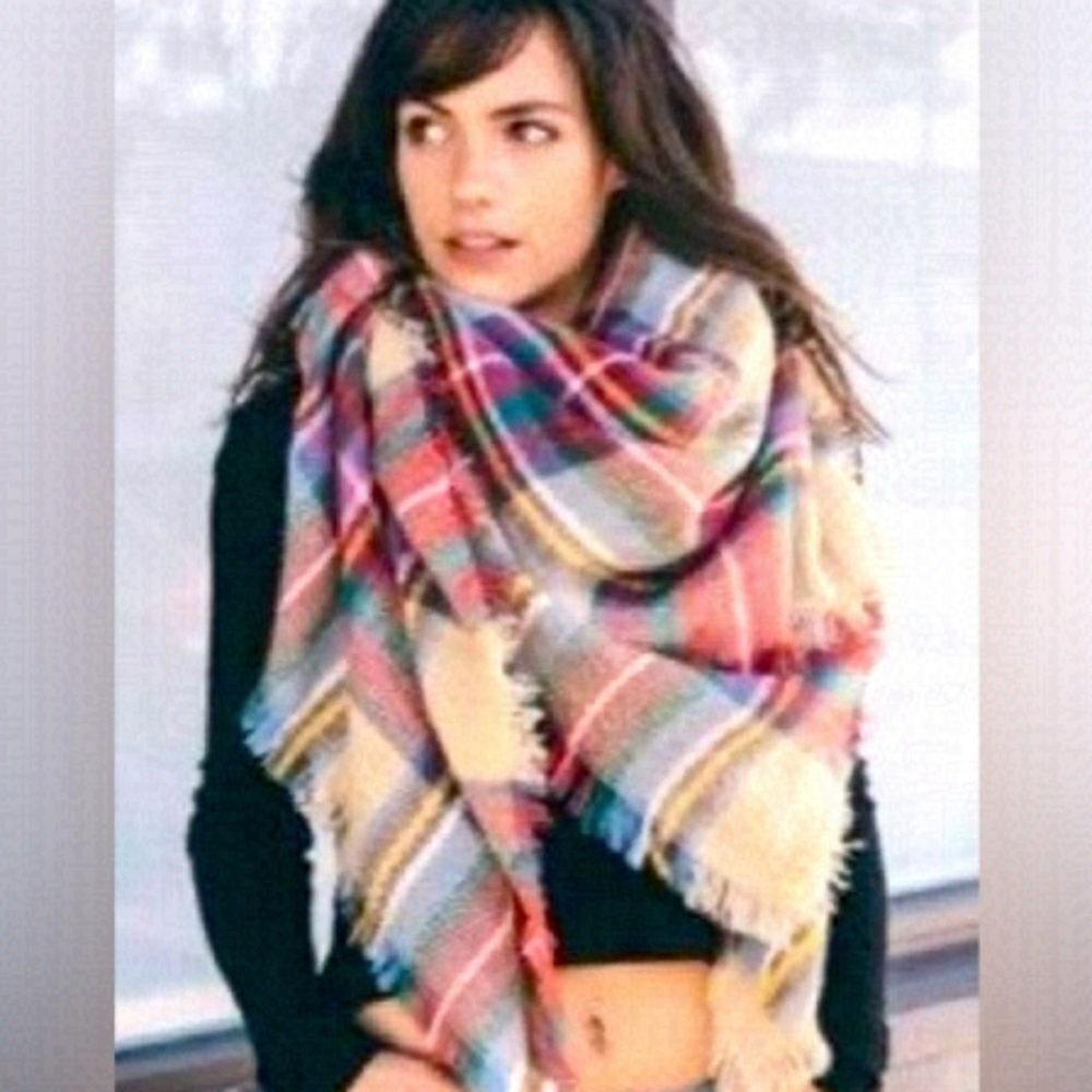 OLIVE and pique scarf large plaid acrylic 79”x 27” cream red green blue white